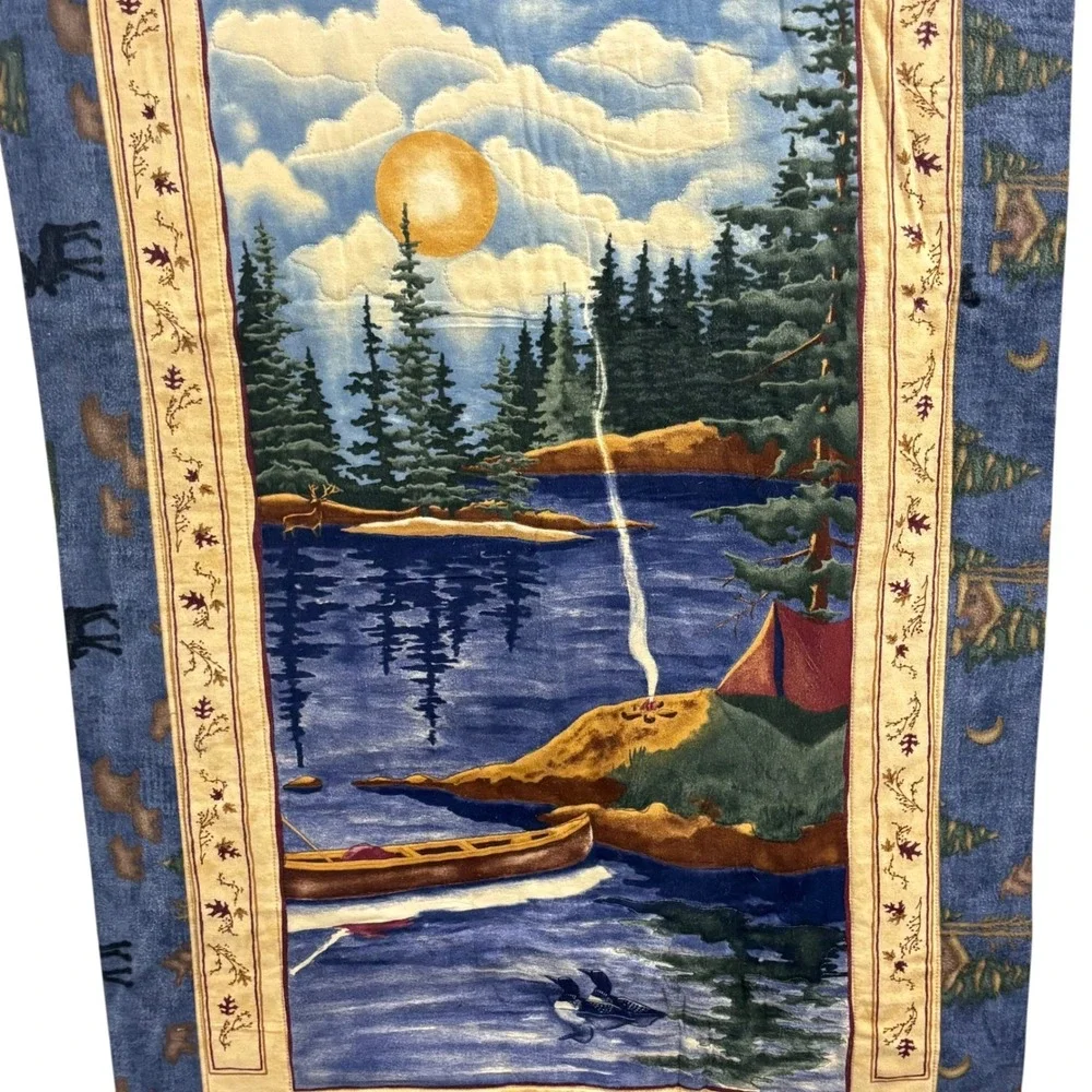 Rustic Wilderness Quilted Wall Hanging Lake Cabin Lodge Scene Moose Print 34x44